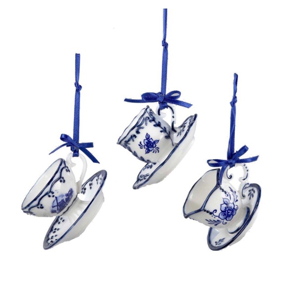 Kurt Adler 2" Porcelain Delft Blue Cup And Saucer Ornament Set Of 3 - Picture 12 of 12